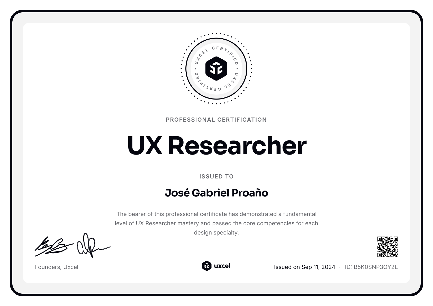 José Gabriel Proaño's certificate